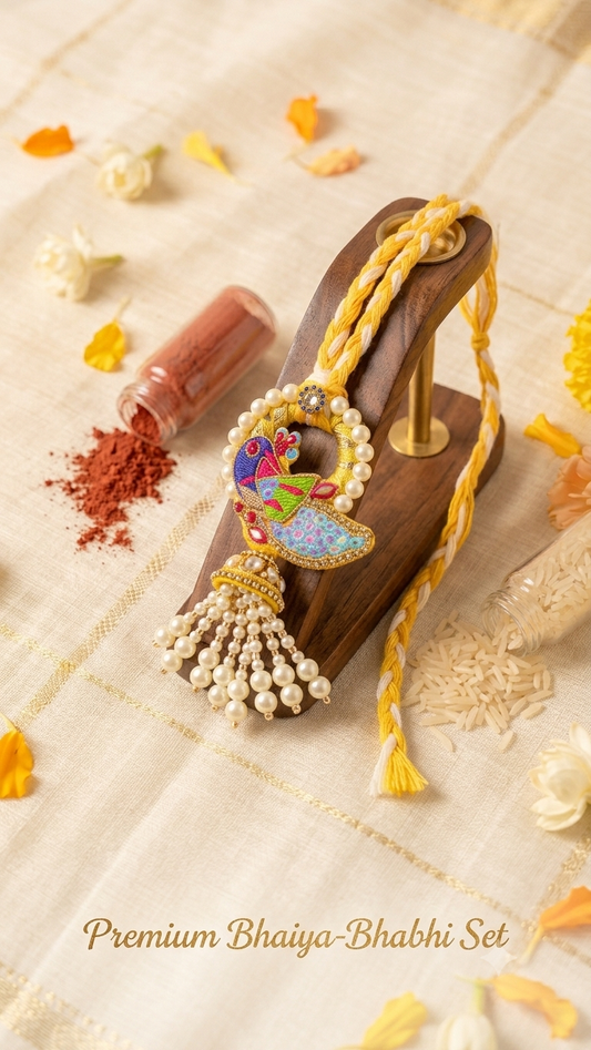 Yellow Peacock Bhaiya Bhabhi Rakhi & Pearl Hanging Lumba Set with Box