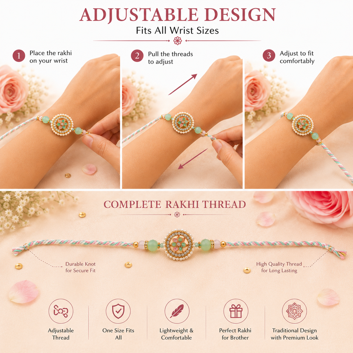 Phoolkari Designer Rakhi for Brother, Pearl Meenakari Rakhi with Beads, Stylish Raksha Bandhan Rakhi, Traditional Rakhi Gift for Bhaiya