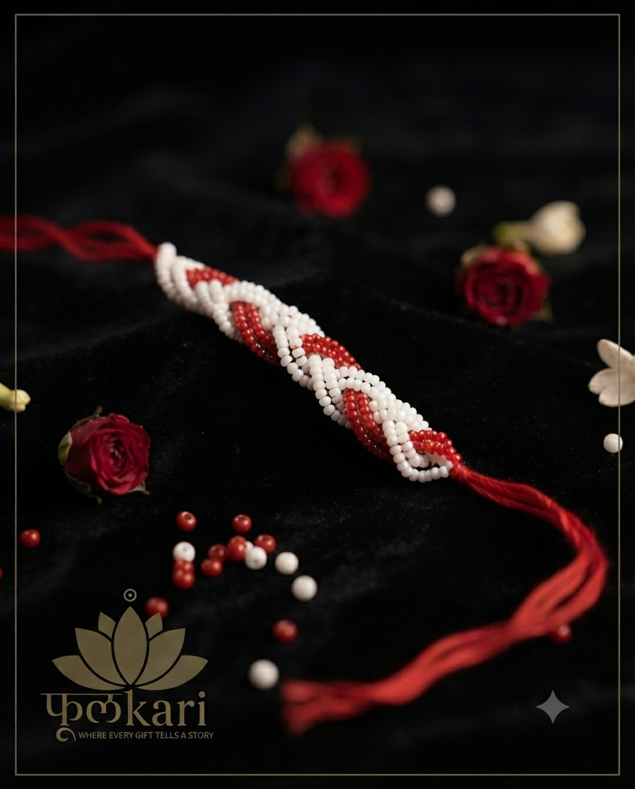 Handcrafted Red & White Braided Seed Bead Rakhi