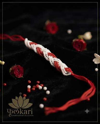 Handcrafted Red & White Braided Seed Bead Rakhi