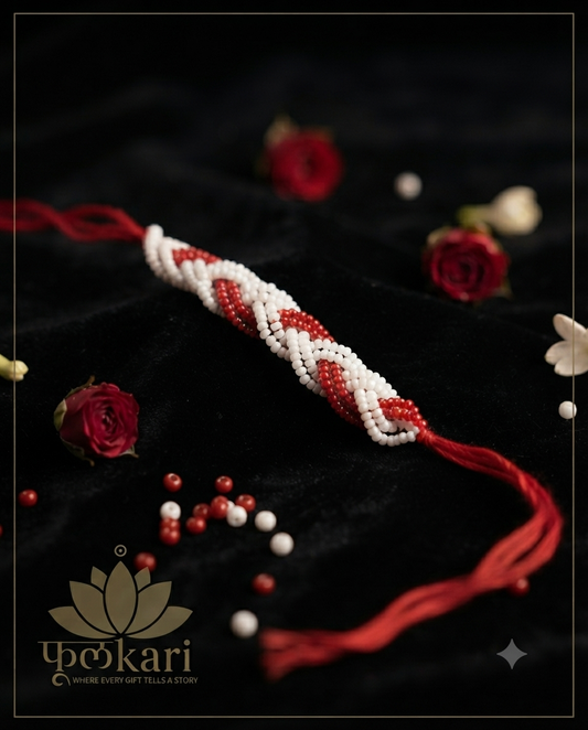 Handcrafted Red & White Braided Seed Bead Rakhi