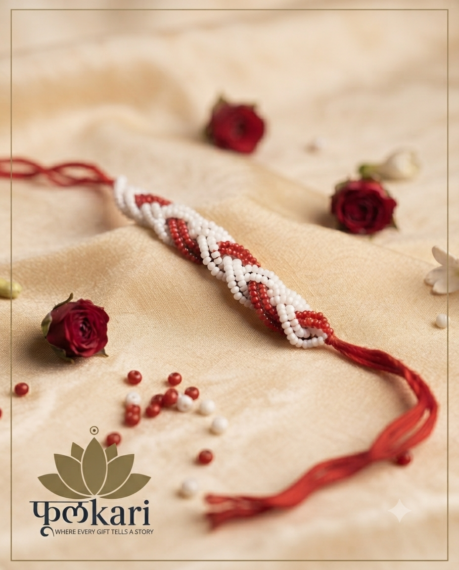 Handcrafted Red & White Braided Seed Bead Rakhi