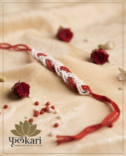Handcrafted Red & White Braided Seed Bead Rakhi