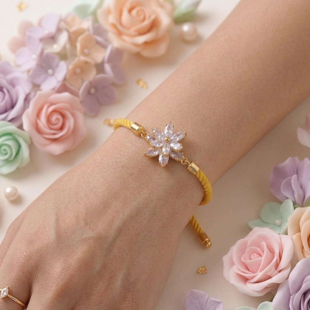 Golden Floral American Diamond (AD) Bracelet Rakhi