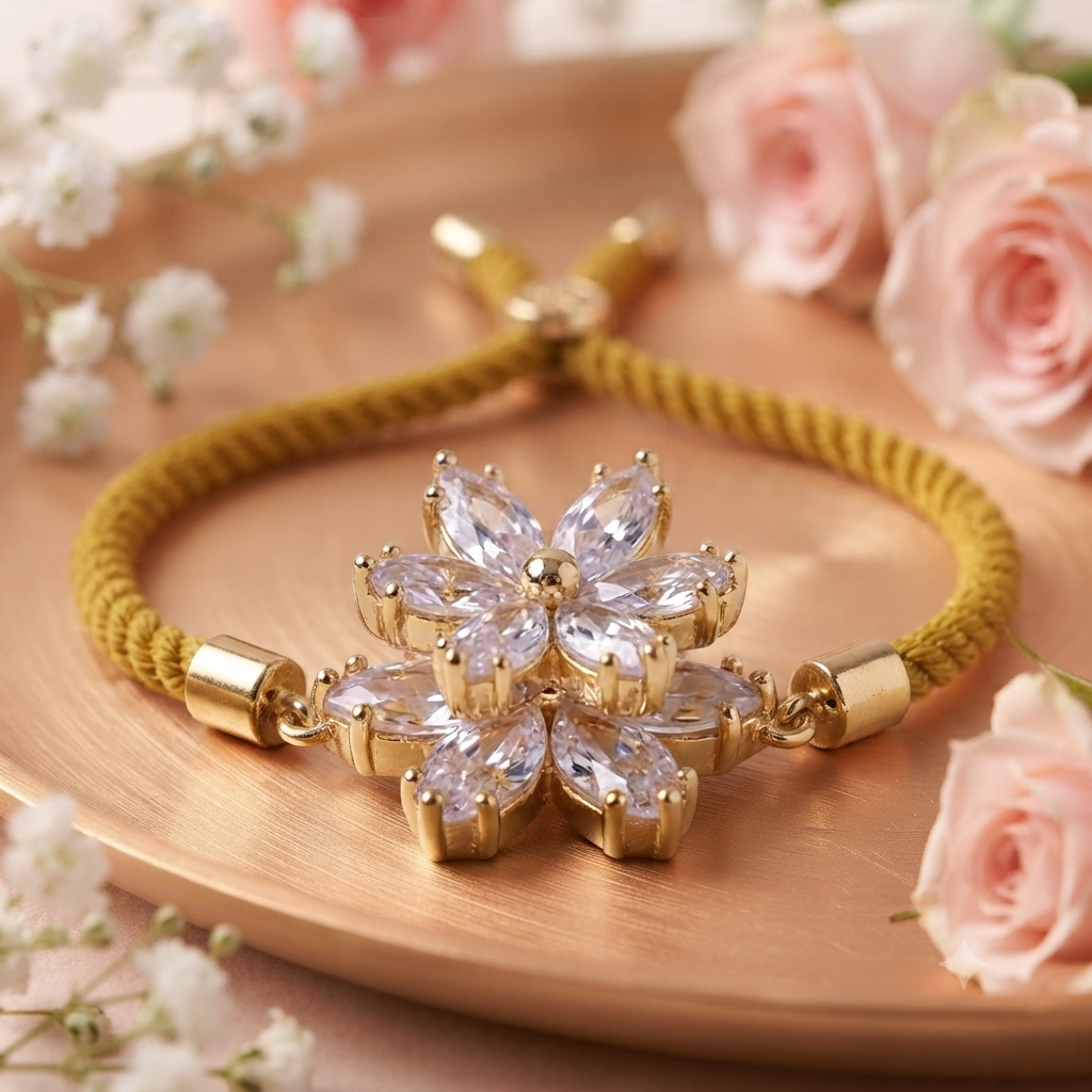 Golden Floral American Diamond (AD) Bracelet Rakhi