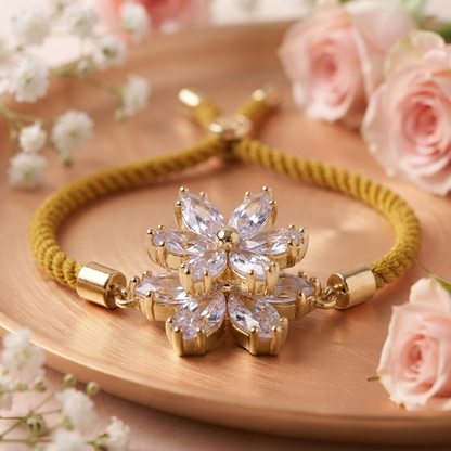Golden Floral American Diamond (AD) Bracelet Rakhi