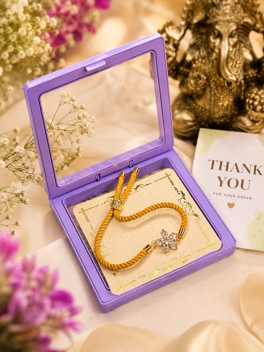 Golden Floral American Diamond (AD) Bracelet Rakhi