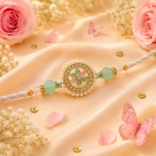 Phoolkari Designer Rakhi for Brother, Pearl Meenakari Rakhi with Beads, Stylish Raksha Bandhan Rakhi, Traditional Rakhi Gift for Bhaiya