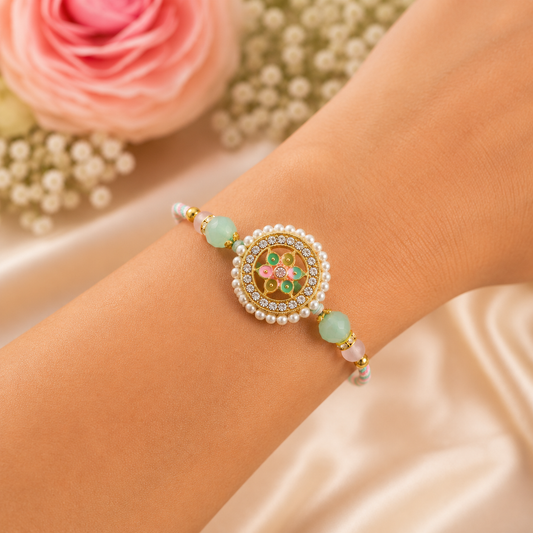 Phoolkari Designer Rakhi for Brother, Pearl Meenakari Rakhi with Beads, Stylish Raksha Bandhan Rakhi, Traditional Rakhi Gift for Bhaiya