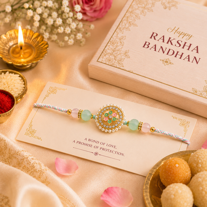 Phoolkari Designer Rakhi for Brother, Pearl Meenakari Rakhi with Beads, Stylish Raksha Bandhan Rakhi, Traditional Rakhi Gift for Bhaiya