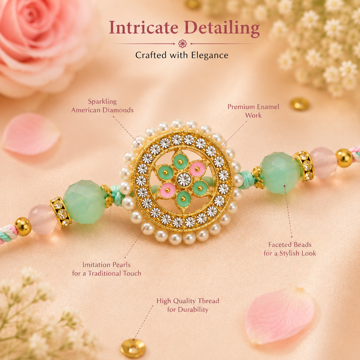 Phoolkari Designer Rakhi for Brother, Pearl Meenakari Rakhi with Beads, Stylish Raksha Bandhan Rakhi, Traditional Rakhi Gift for Bhaiya