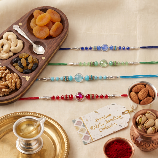 Set of 4 Multicolor Crystal Bead Rakhi Combo with Premium Box