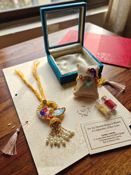 Yellow Peacock Bhaiya Bhabhi Rakhi & Pearl Hanging Lumba Set with Box