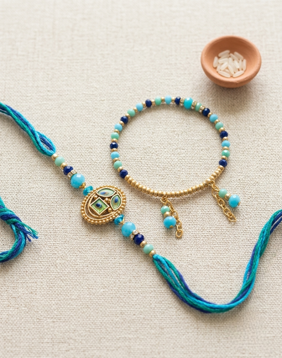 Peacock Meenakari Bhaiya Bhabhi Rakhi & Lumba Set with Box