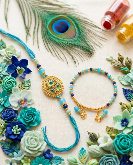Peacock Meenakari Bhaiya Bhabhi Rakhi & Lumba Set with Box