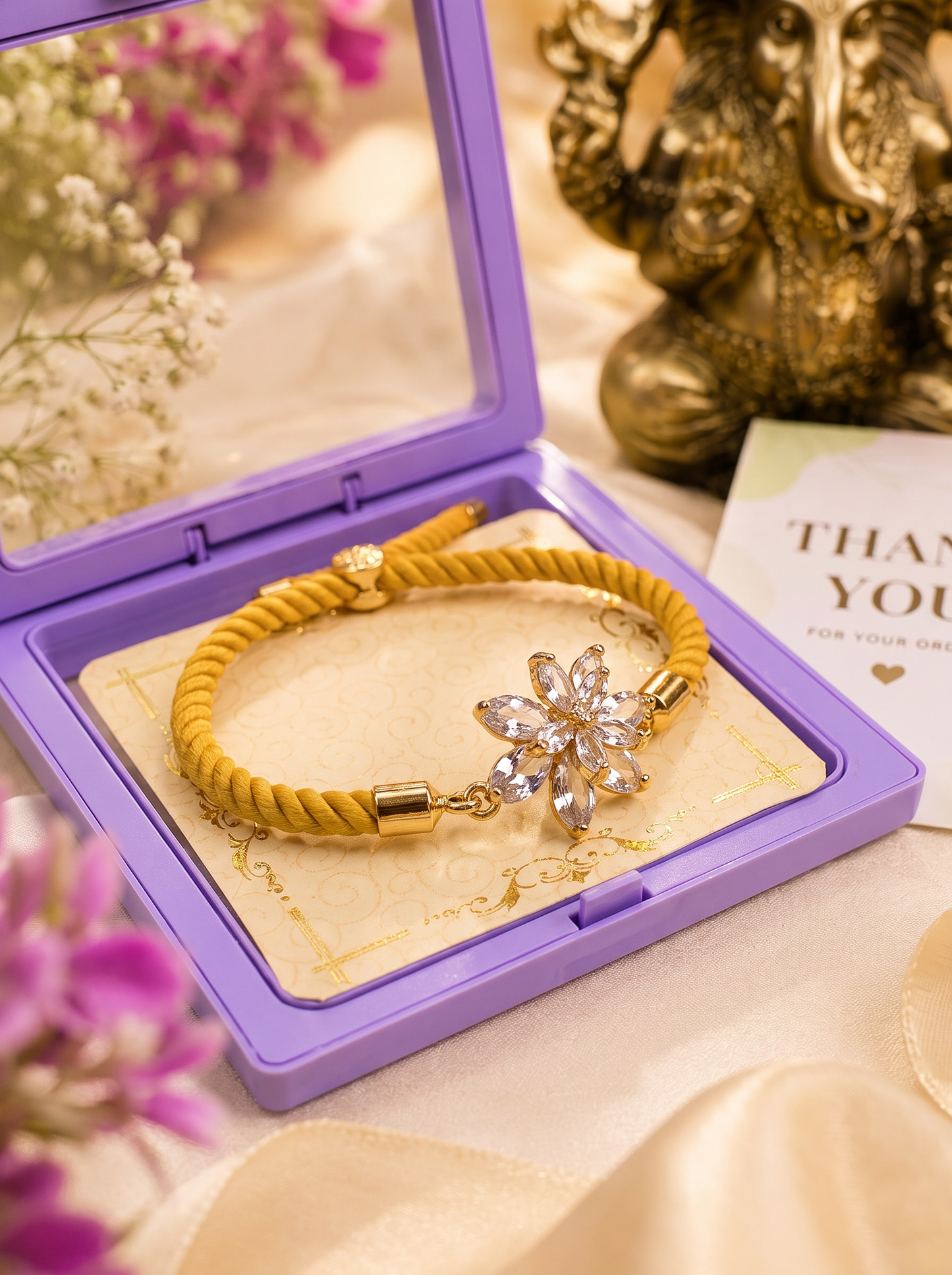 Golden Floral American Diamond (AD) Bracelet Rakhi